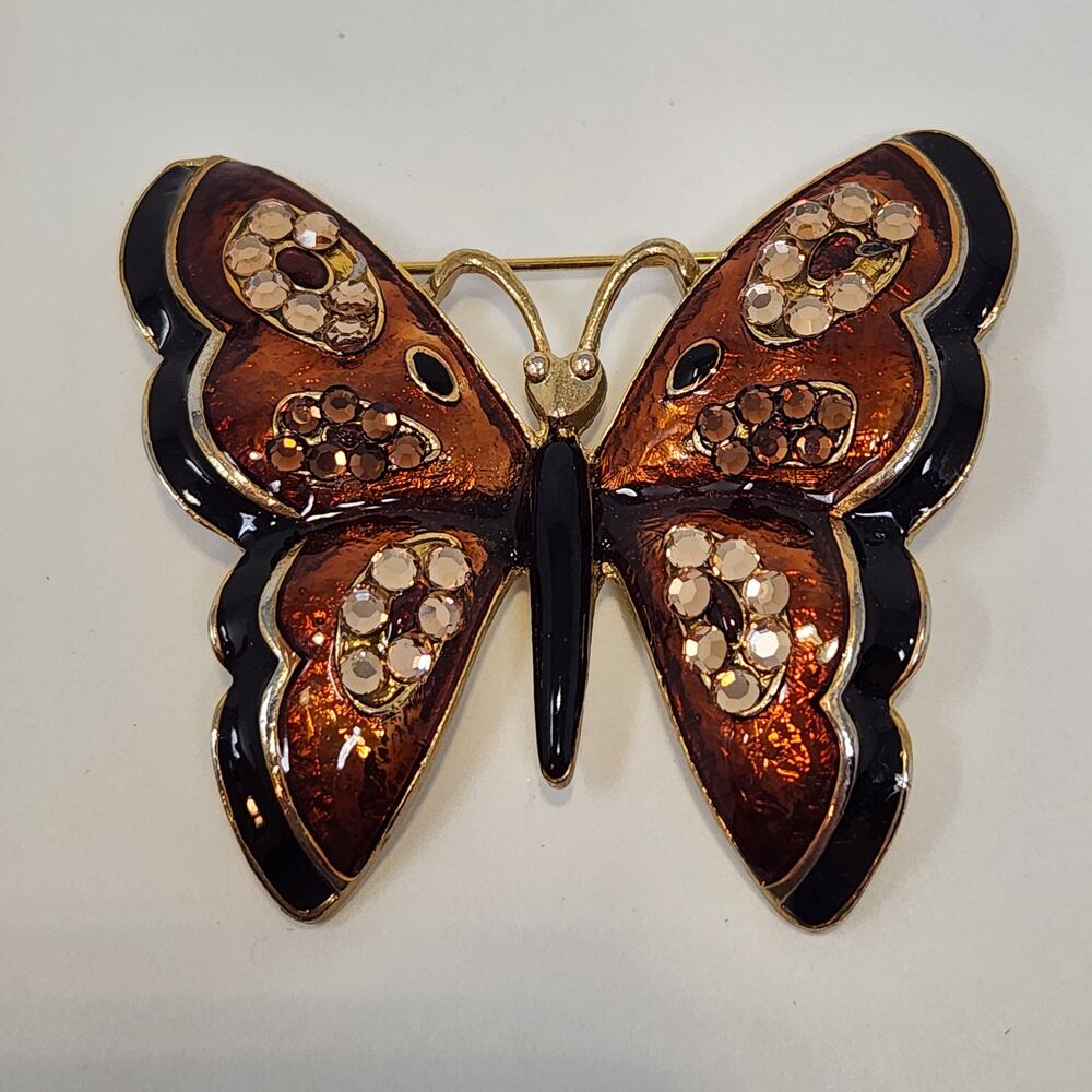 Don Lin  Butterfly Brown Black Enamel Gold Tone Brooch Rhinestone Vintage Pin
